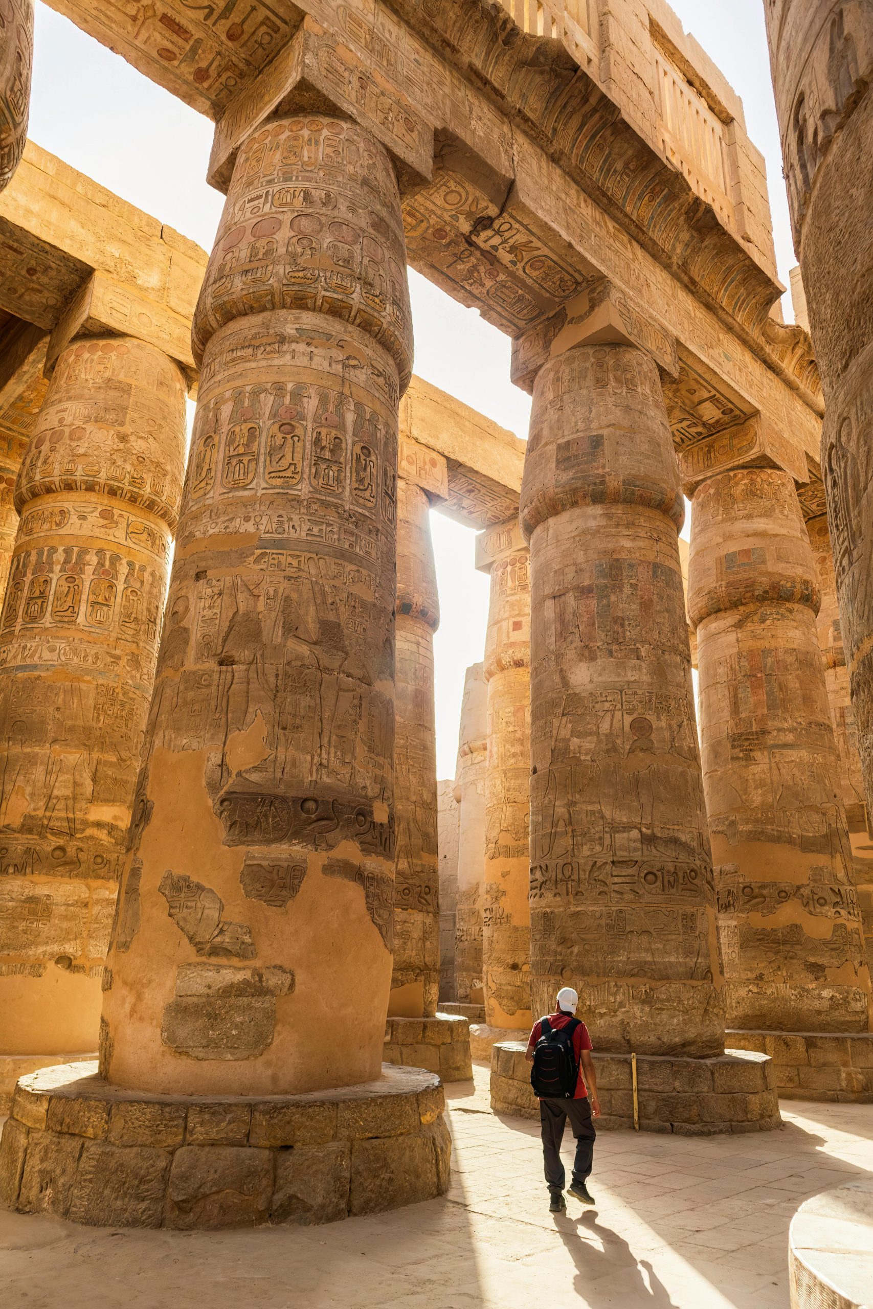 Visitante al pie de las columnas de Karnak